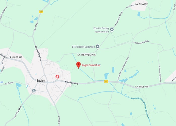 Localisation Roger Couverture près de Baulon (35) Carte localisant Roger Couverture à La Herveliais, près de Baulon, avec les routes D69 et D38.