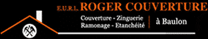 Logo E.U.R.L. Roger Couverture à Baulon : couverture, zinguerie, ramonage, étanchéité. Graphisme toit orange et outils croisés.