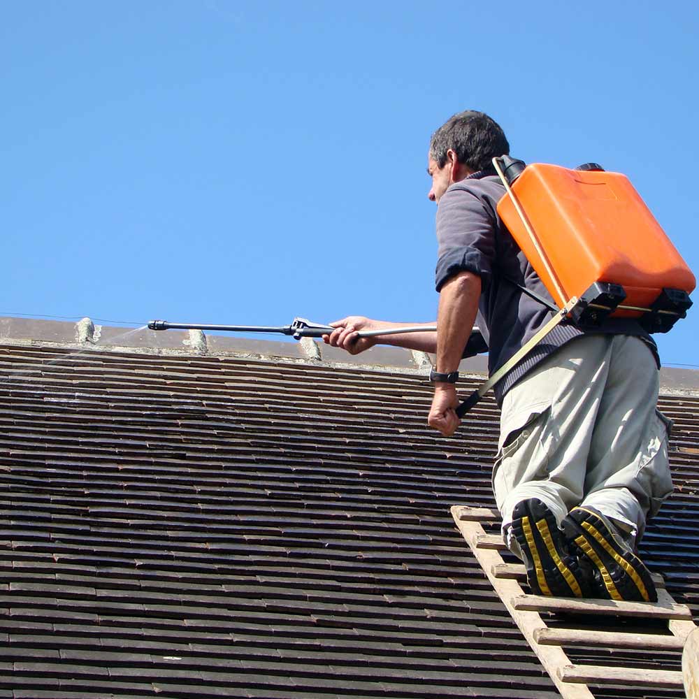 Un homme avec un pulvérisateur dorsal pulvérise un traitement sur un toit en tuiles brunes sous un ciel bleu clair.